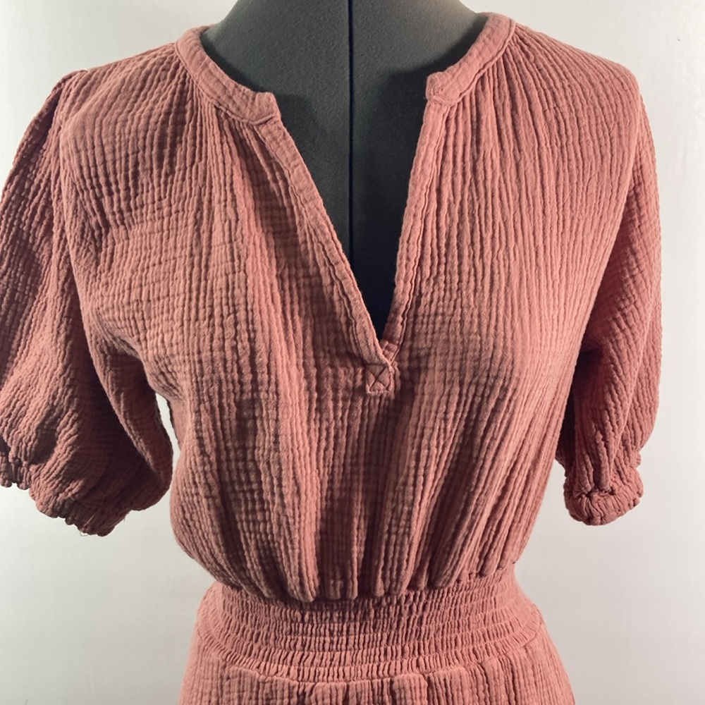 Just Living Dress Women Size XS Mauve 100% Cotton V Neck Elastic Waist & Sleeves - Picture 2 of 9